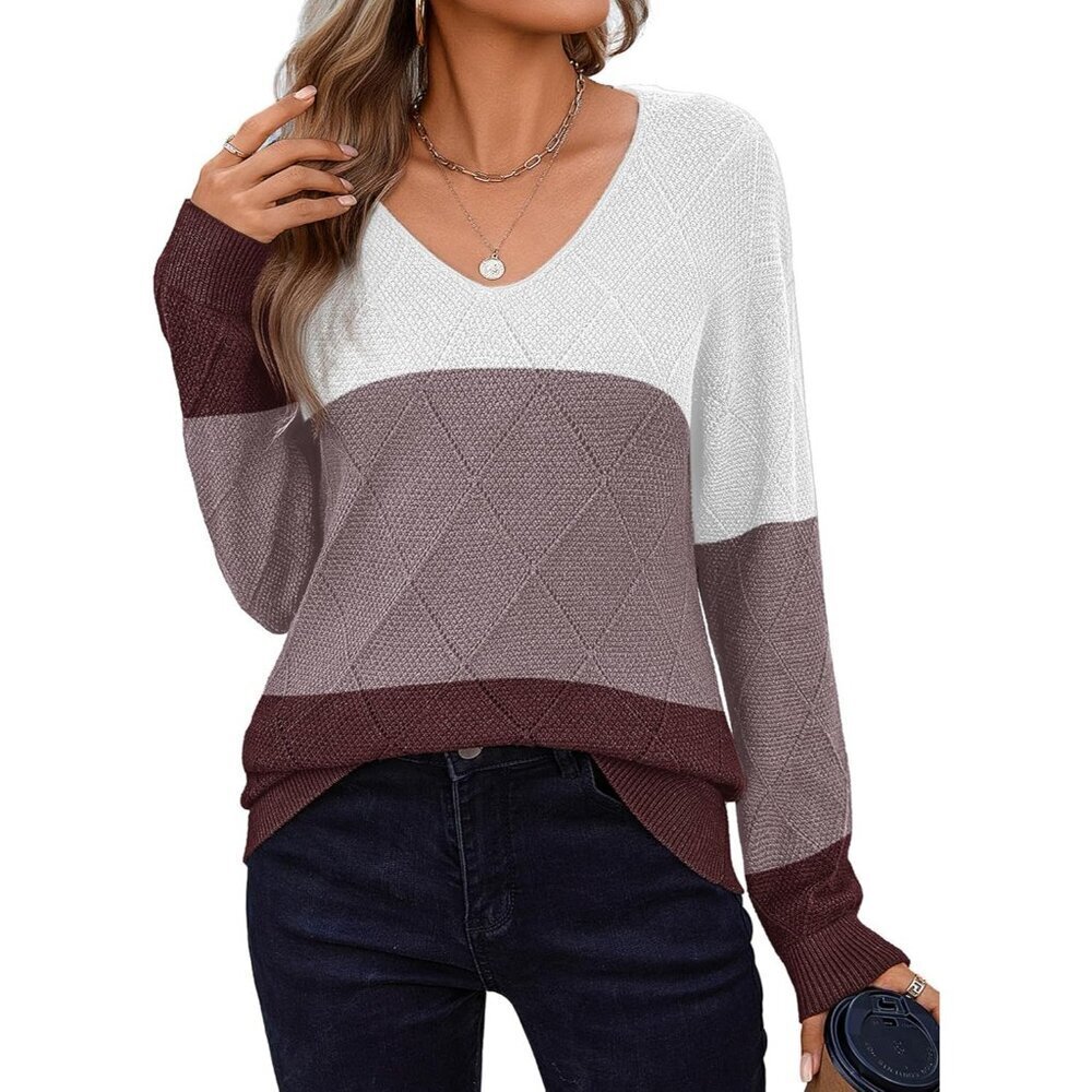 Women's Lightweight Knit V Neck Long Sleeve Crochet Sweater Casual Dressy